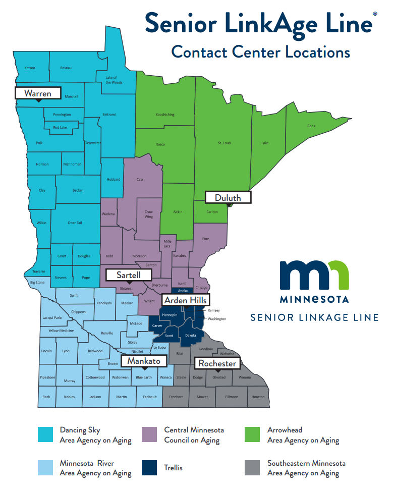 Map of Minnesota highlighting which counties each Area on Agency serves.