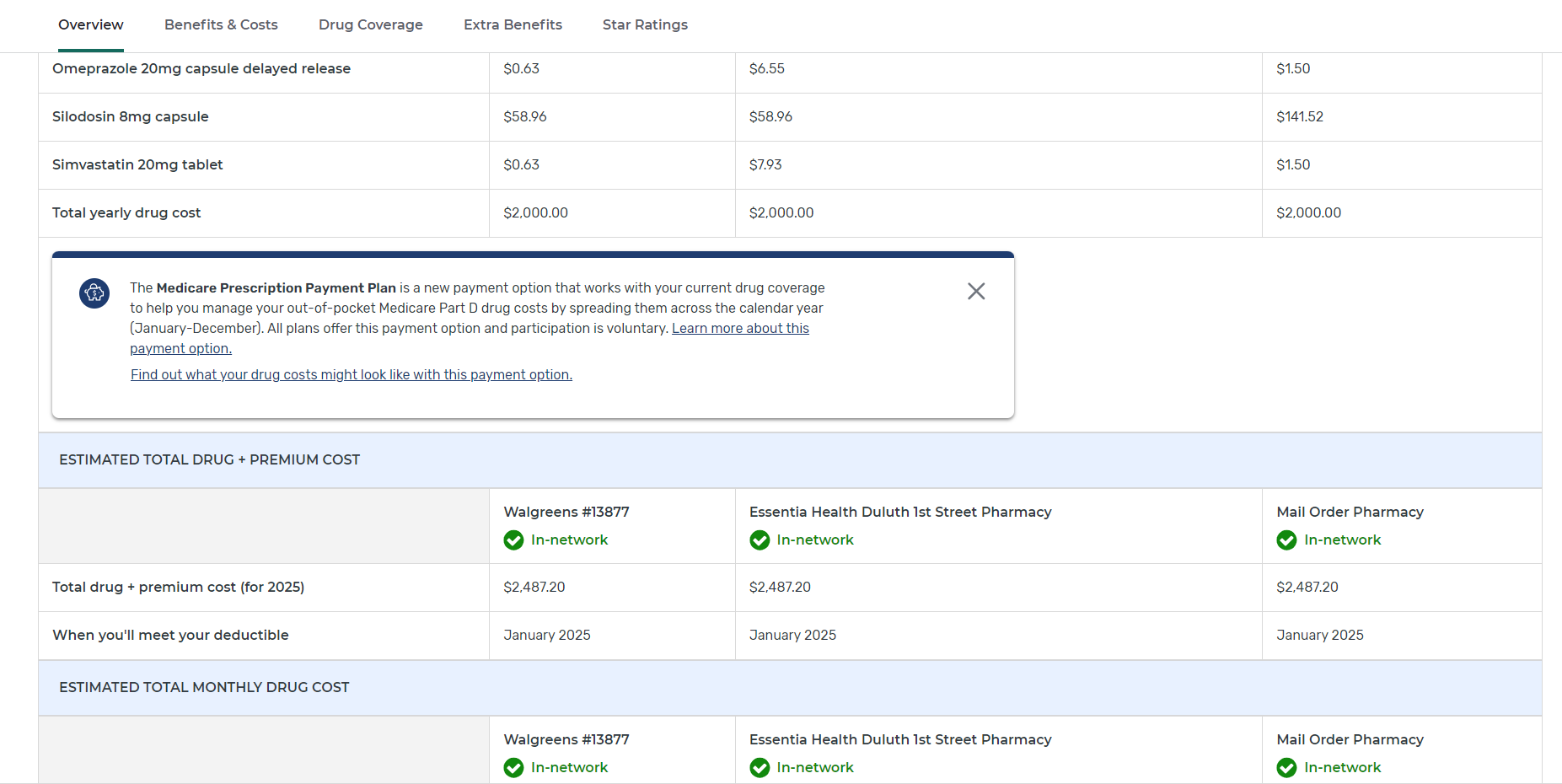 Screenshot of Medicare.gov plan details page with the note "The Medicare Prescription Payment Plan is a new payment option that works with your current drug coverage to help you manage your out-of-pocket Medicare Part D drug costs by spreading them across the calendar year (January -December). All plans offer this payment option and participation is voluntary. Learn more about this payment option. Find out what your drug costs might look like with this payment option.