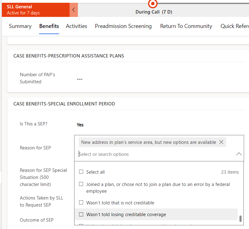 Screenshot of Case Benefits Special Enrollment Period screen showing 23 different options for the Reason for SEP field.