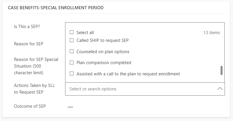 Screenshot of Case Benefits Special Enrollment Period screen with more than 13 options to select in the field called Action Taken by SLL to Request SEP.