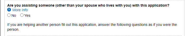 Screenshot of Extra Help application with question: "Are you assisting someone (other than your spouse who lives with you) with this application?"