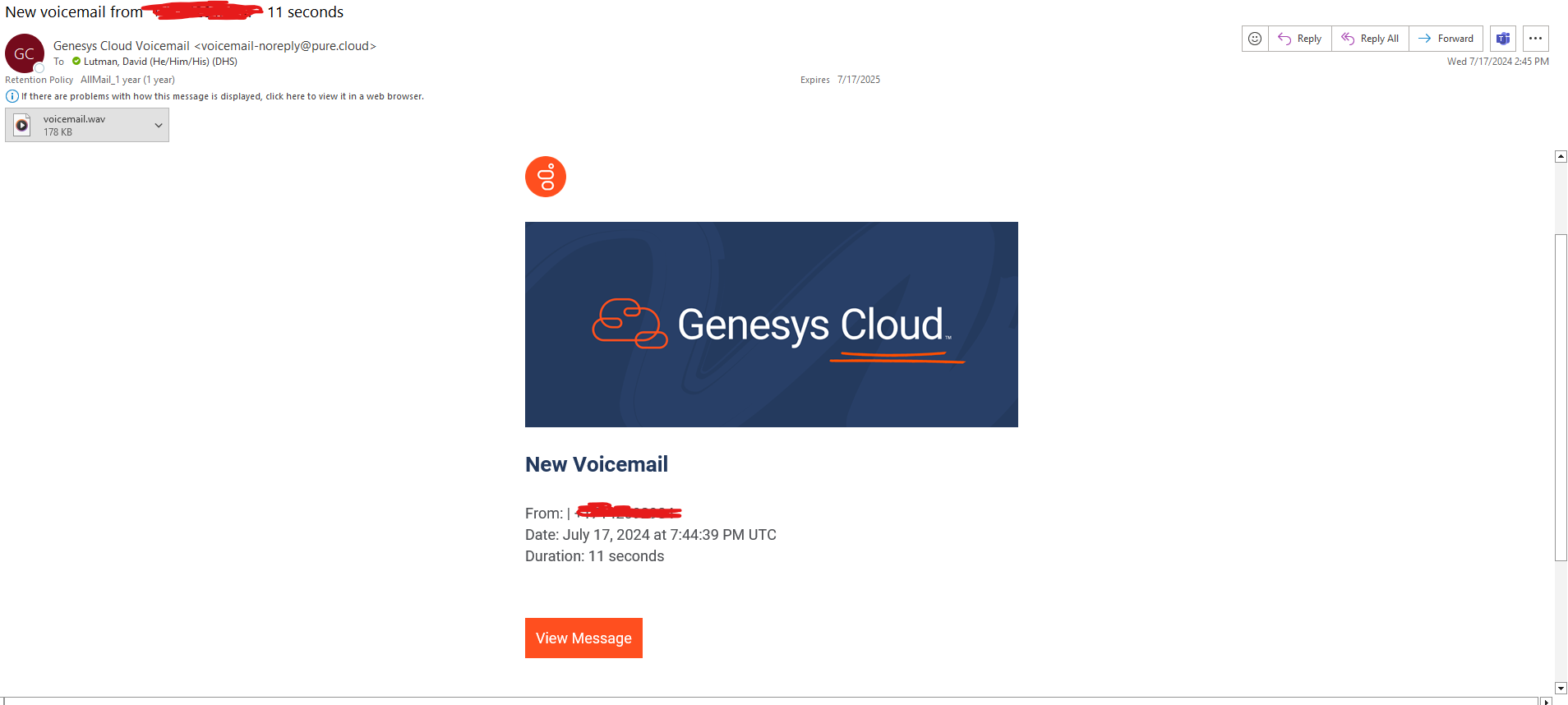 Screenshot of email a user receives when someone leaves them a voicemail in Genesys.