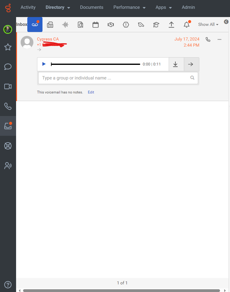 Screenshot of Genesys voicemail messaging screen showing a red dot above the inbox icon and voicemail symbol to indicate a new voicemail has been received.