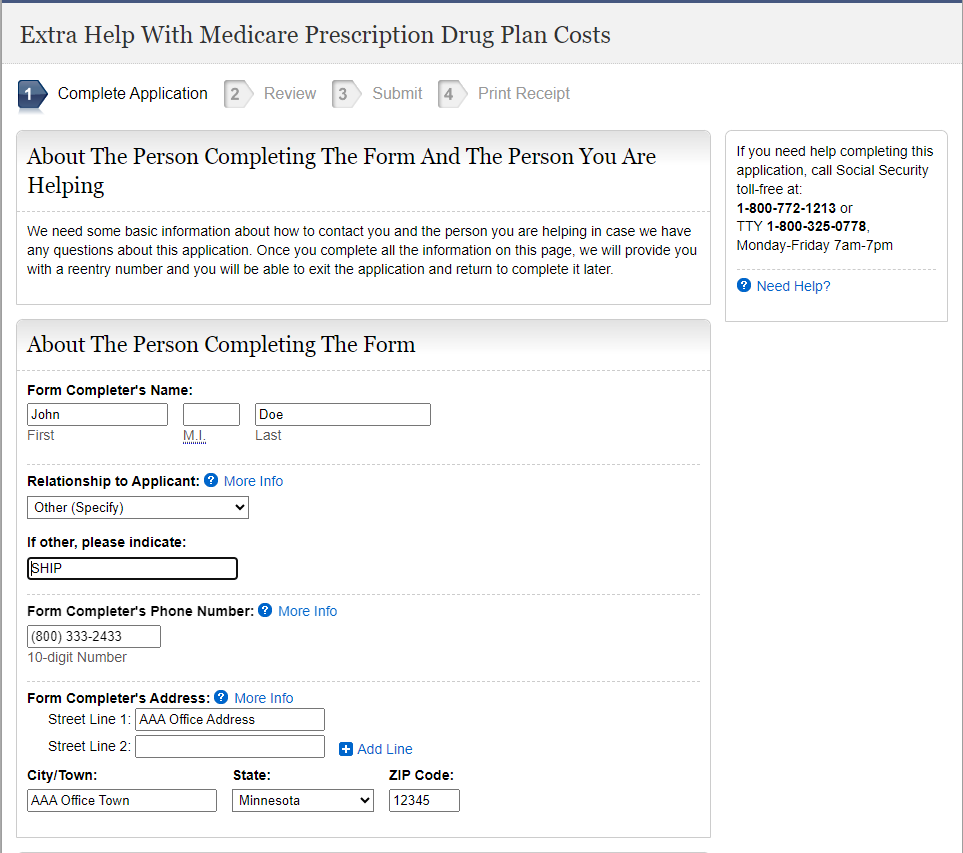 Screenshot of LIS online application through Social Security Administration website.