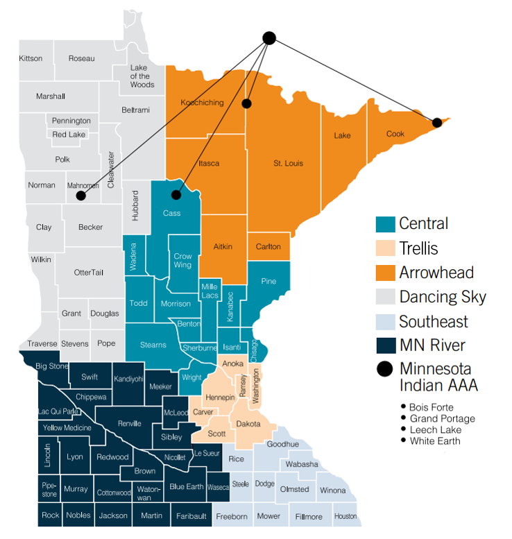 Map of Minnesota showing Area Agency on Aging coverage.